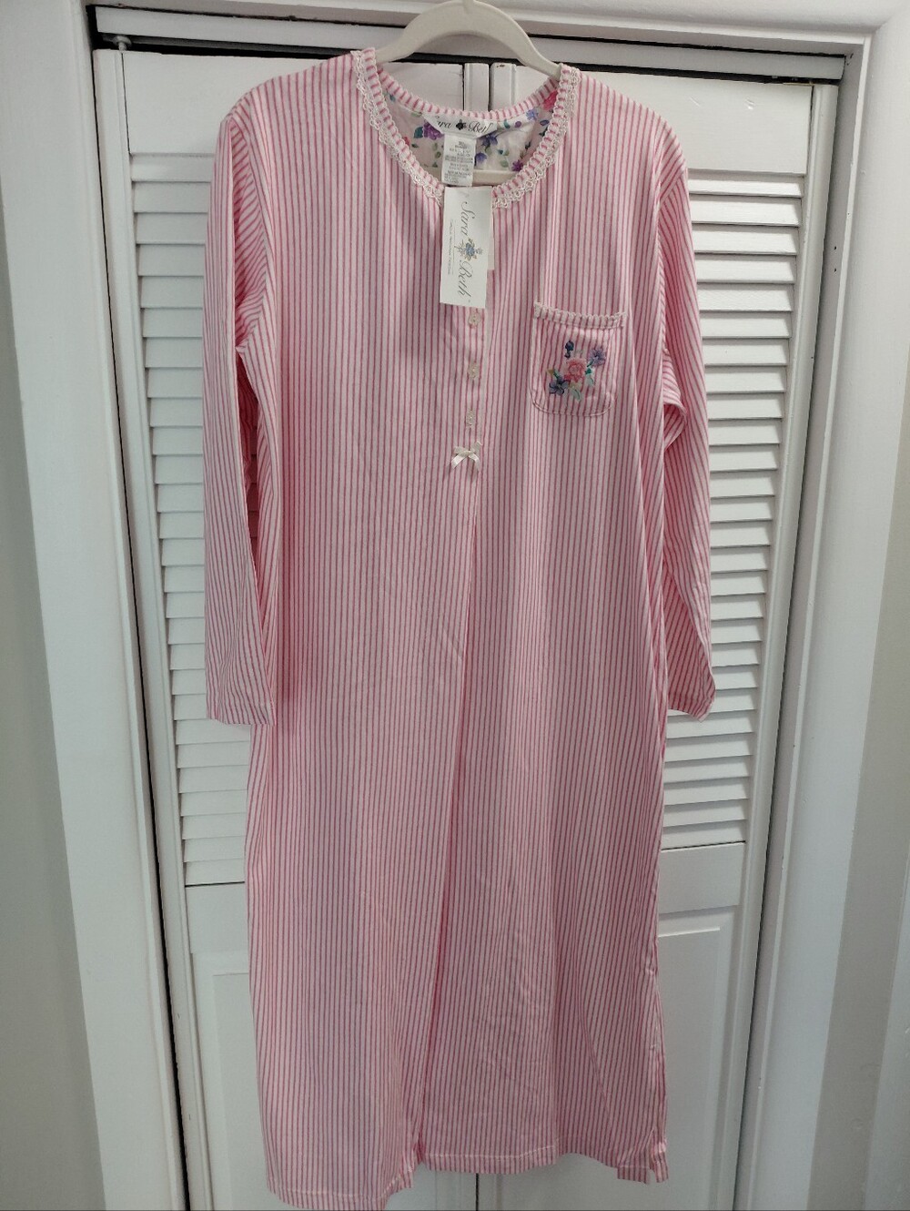 Sara Beth Long Sleeve Pink White Striped Cotton Nightgown